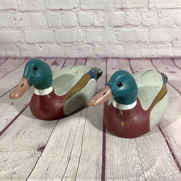 Vintage Other - Vintage Hand Painted Wood Mallard Duck Decoy Pair with Glass Eyes
